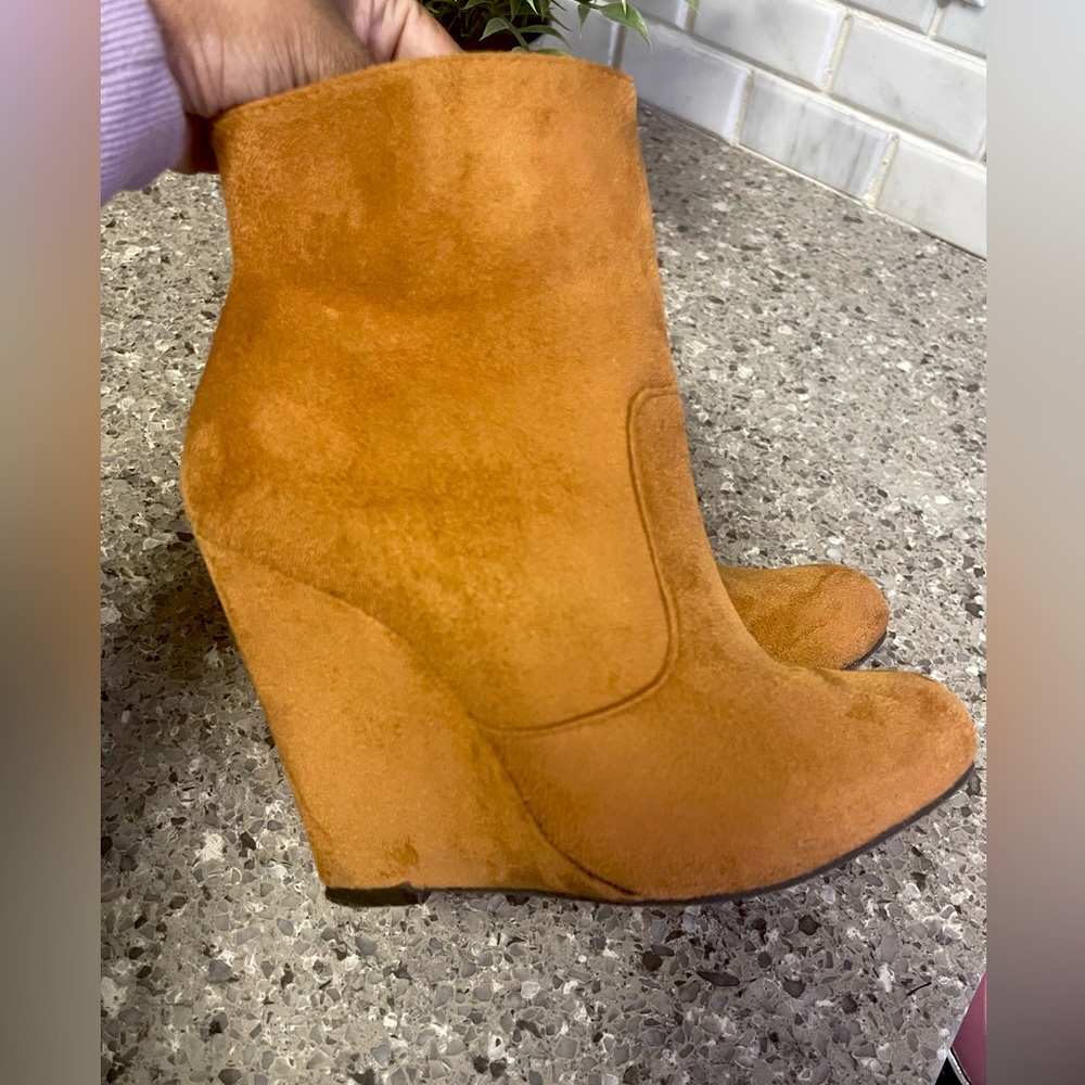 Chic, Golden Tan Wedge Booties